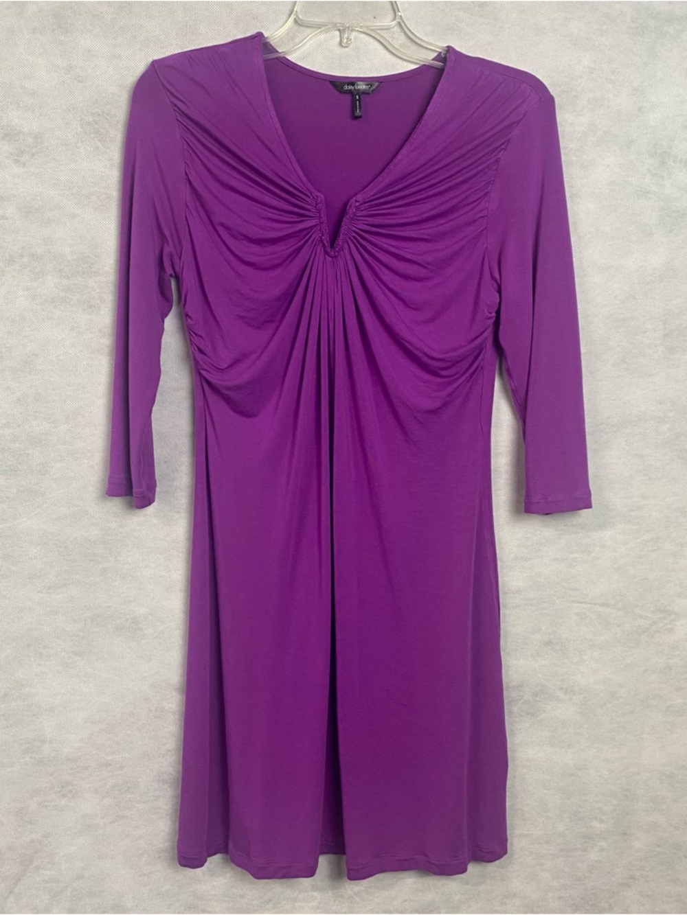 Daisy Fuentes Dress Sz Small Purple Ruched V Neck Semi Sheer